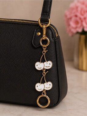 Gold Enamel Smiley Cherry Keychain: bag charm/ bag extender - White Cherries
